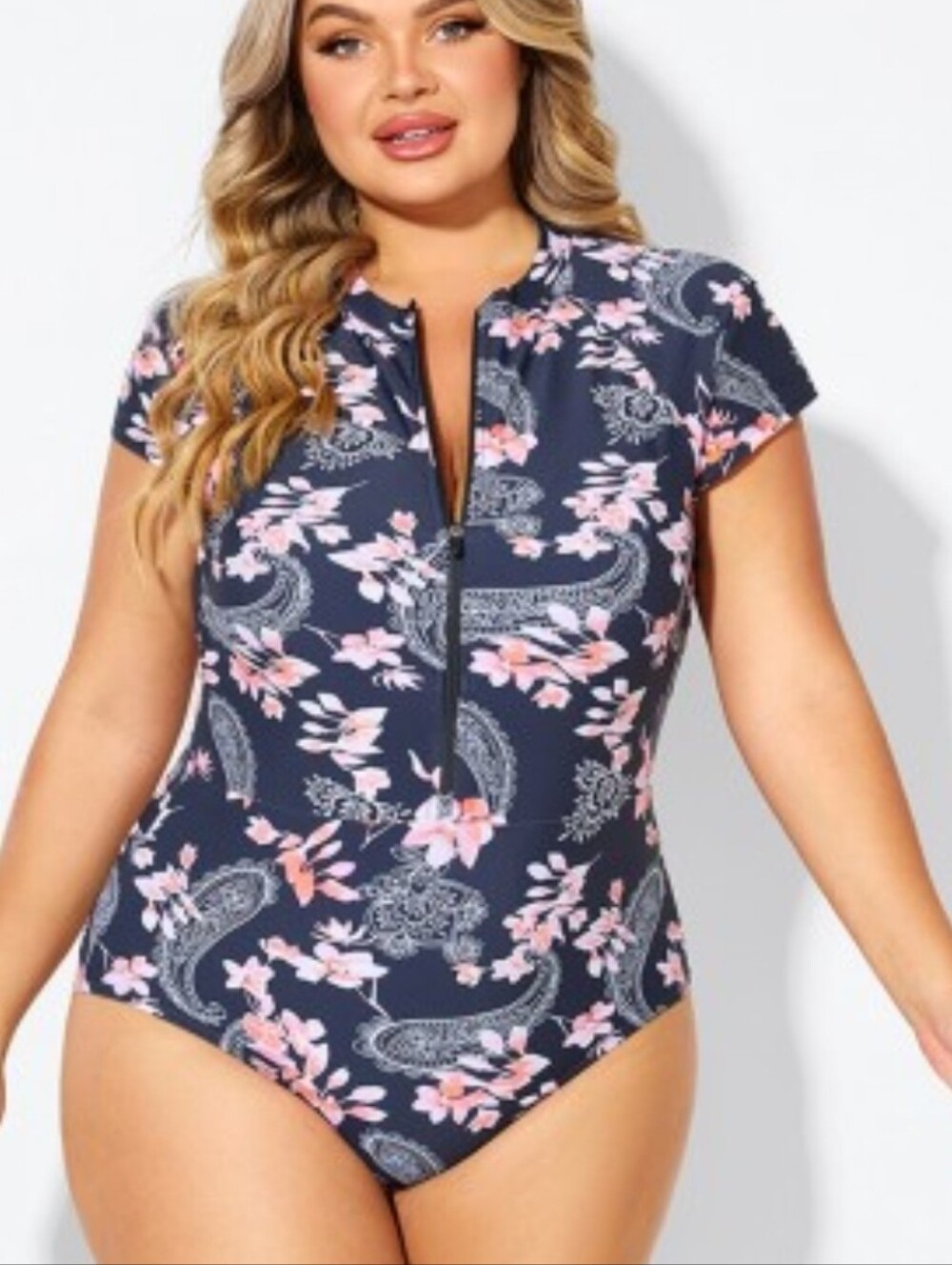 Meet Curve Black & Peach Floral Zip-Front One-Piece